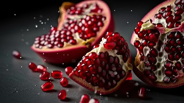 Pomegranate Fruit Sliced Open with Seeds Spilling Out.
