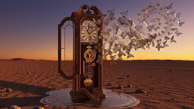 Surreal Clock Melting in Desert Landscape at Sunset.