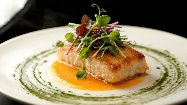 Gourmet Grilled Fish with Microgreens Garnish.
