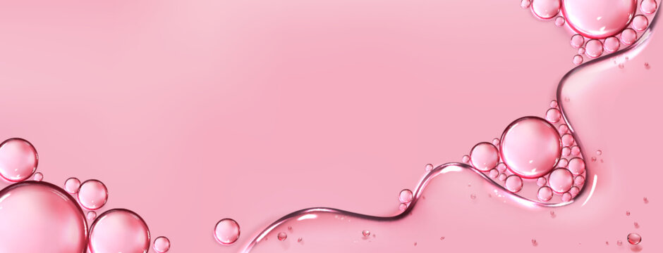 Transparent gel serum liquid texture with round drops and bubbles on pink background, realistic vector. Hyaluronic acid, collagen or skincare cosmetic essence. Abstract beauty product close up