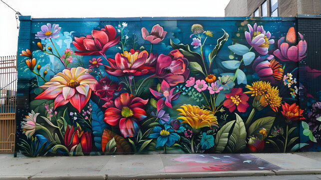 Colorful floral street art on a city wall