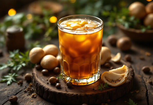 Iced herbal beverage or mushroom elixir in a glass surrounded by natural ingredients and rustic wood