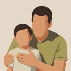 Fototapeta premium Reassuring Parent Holding Child from Behind – Minimalist Editorial Family Scene