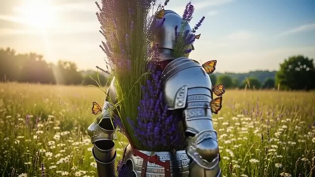 Knight in Shining Armor Surrounded by Butterflies in a Field.