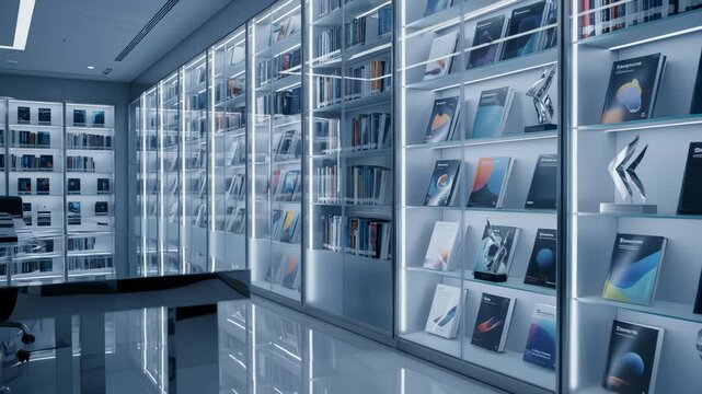 Contemporary Library Showcases Books and Awards in Lit Glass Cases
