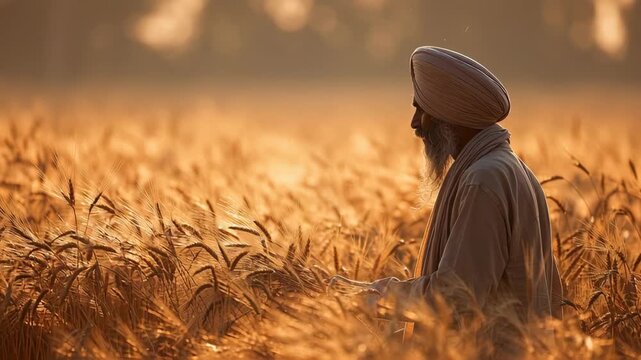 Elderly Sikh Man Wearing Traditional Turban and Clothing Standing in Golden Wheat Field at Sunset