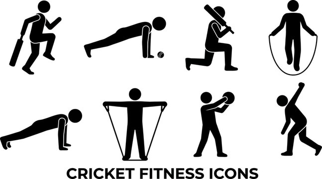 Cricket Fitness and Training Workout Icons Vector Set