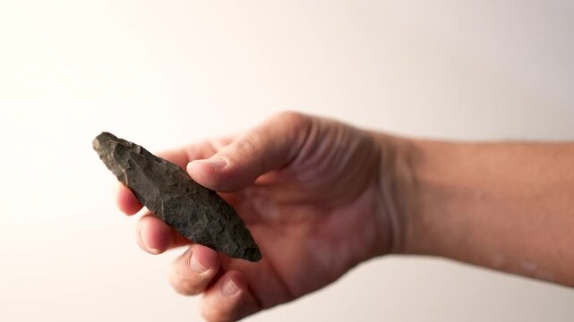 Paleolithic Handaxe Biface Stone Tool from Algerian Sahara Desert Held by Hand on White Background