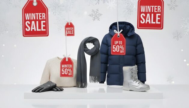 Winter Sale Display Navy Puffer Jacket Sweater Scarf Gloves And Sneakers Staged Against Snowy Backdrop