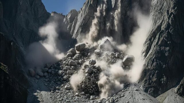 Massive rockslide cascades down a steep mountain, creating dust clouds.