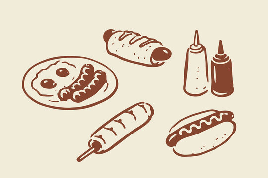 Sausage and hotdog fast food doodle vector illustration
