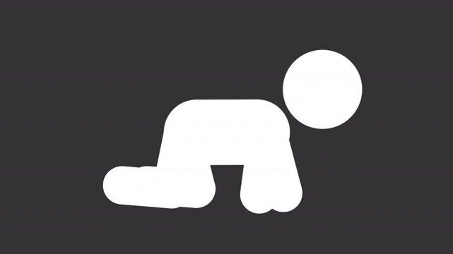 Baby crawling white glyph stickman animation. Infant moving. Baby development, child care. Early childhood. Dynamic stick figure isolated on black background. Animated solid silhouette motion
