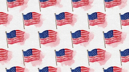 Watercolor pattern of American flags on pink splashes