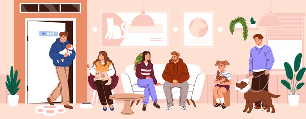 Owners with pets are waiting for appointment in vet clinic. People with animals queue in reception room of veterinary. Men and women with dogs, cats in line to veterinarian. Flat vector illustration © Paper Trident