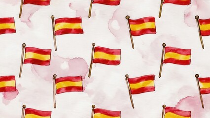 Watercolor pattern with Spain flags on pale pink background