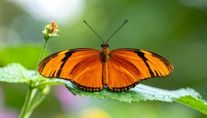 A vibrant orange butterfly perches on a green leaf