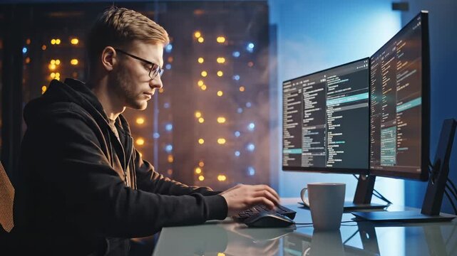 Male programmer codes on curved monitor at night office desk. Developer works with code on dual screen setup. Programmer types at night with city lights. Male developer codes on curved monitor.
