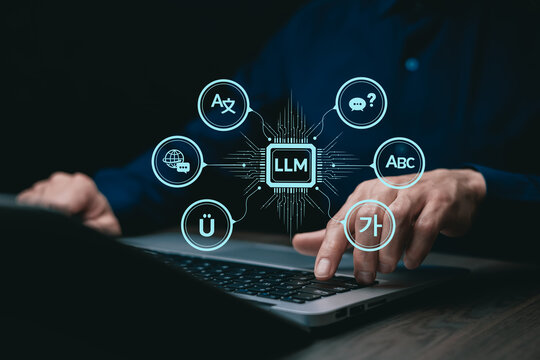 Multilingual large language model AI concept with LLM core, representing natural language processing, translation, generative AI, and intelligent communication technology for modern digital systems.