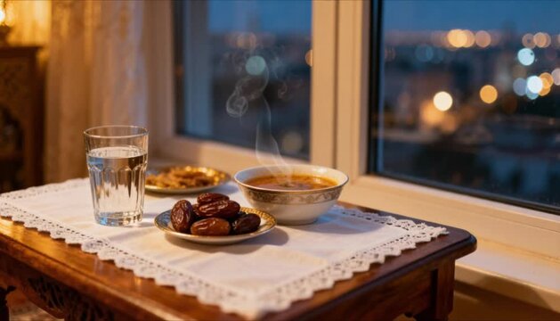 cozy iftar table near window blurred city lights perfect for islamic celebrations
