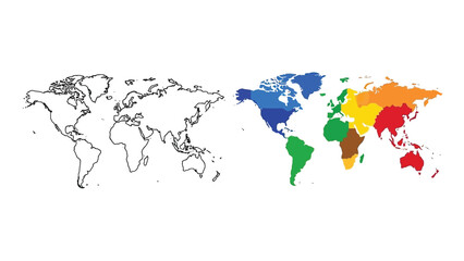 Fototapeta premium Side by side comparison showing a black and white outline world map contrasted with a separate multicolored political world map depicting continents grouped by distinct colors for visual reference