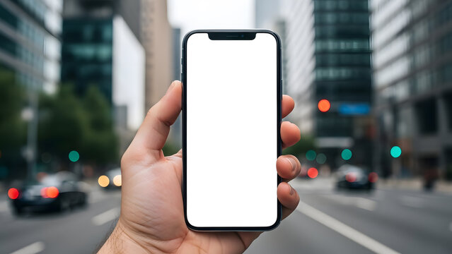 Man holding mobile phone with empty white display on busy city street with traffic lights