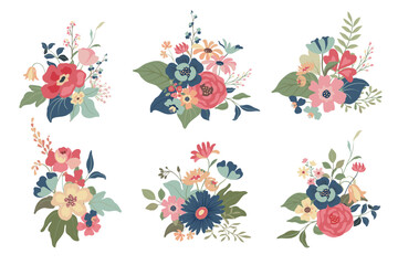 Collection of six vector compositions of colorful lowers. Elegant floral romantic bouquets.
