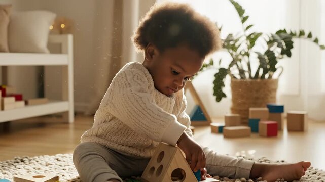 Toddler plays with wooden shape sorter toy on floor at home. Child learning shapes with educational toy. Toddler sorts blocks into wooden puzzle. Kid plays with shape sorter. Child develops skills.