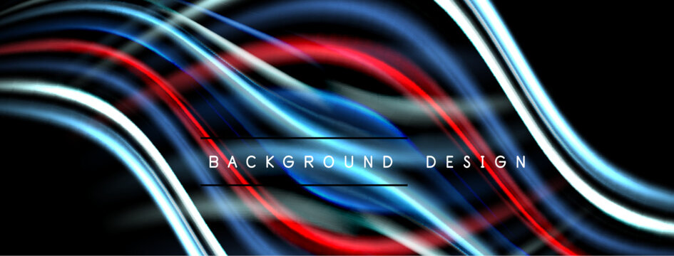Abstract neon lines create dynamic flow. Vivid blues, reds, whites contrast against dark background. Modern design element.
