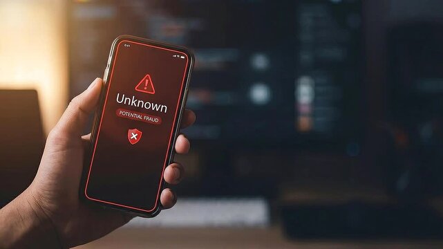 Warning Notification of Potential Fraud on a Smartphone Displaying Unknown Caller Alert