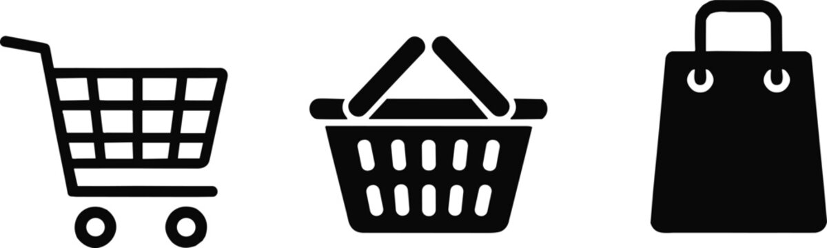 Shopping cart, basket, bag icon set. Black shopping cart icon shopping basket and shopping bag icons on white background.