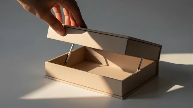 Opening a cardboard box with a hand in natural sunlight