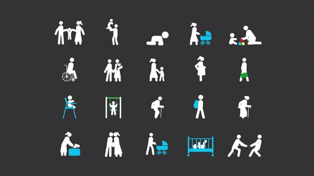Human life stick men white glyphs animation set. Family structure, accessibility needs. Life stages, social services. Simple human silhouettes dynamic movement. Solid pictogram symbols HD video
