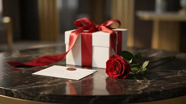 This video features a gift, a rose and a letter on a luxurious marble table. The scene evokes romance, elegance and sentimentality. Perfect for love, gift, celebration, invitation, greeting card