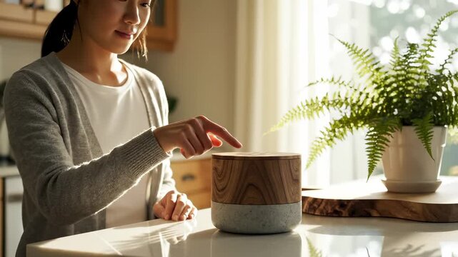 Woman touches wooden smart speaker on table near fern plant. Female uses speaker with wood design at home. Smart device with wooden finish on table. Woman controls speaker near indoor fern plant.