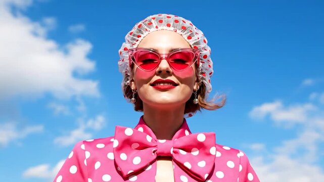 Retro Woman Wearing Pink Polka Dot Outfit and Heart Sunglasses Under Blue Sky.