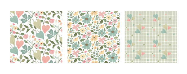 Set of three vector floral seamless patterns. A colorful endless pattern of flowers and plants. A Romantic collection