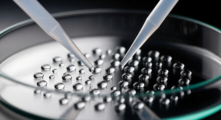 Liquid metal droplets being precisely placed with pipettes into a petri dish
