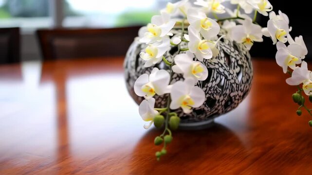 A floral arrangement of white orchids spills from a patterned vase on a polished wood table