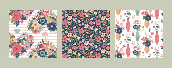 Set of three vector floral seamless patterns. A colorful endless pattern of flowers and plants. A Romantic collection