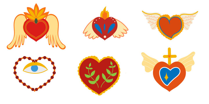 Sacred mexican heart, luxury corazon, graphic flat vector signs, valentine retro design