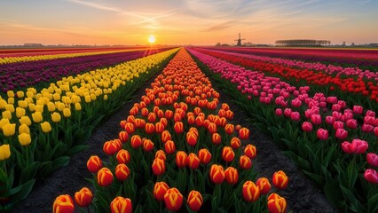 Colorful Tulip Field Sunset Dutch Windmill
