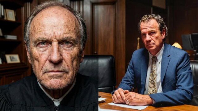 Serious judge seated in courtroom interior representing justice authority responsibility and careful legal decision making within formal judicial environment