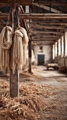 Vintage Wool Ropes Hung From Wooden Post in Rustic Barn with Hay Covered Floor and Dim Lighting Casting Shadows Inside of Rural Structure
