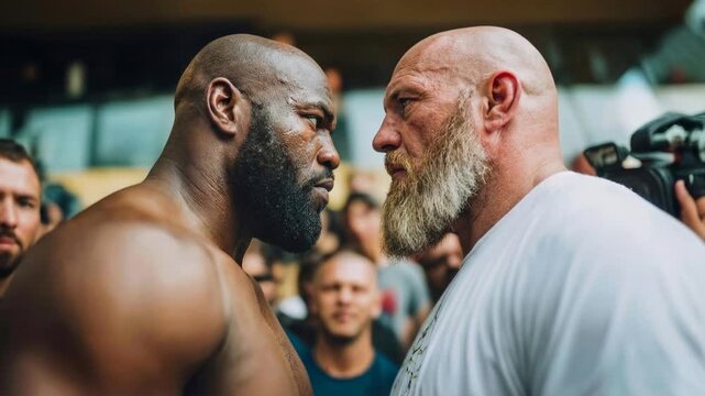 Two muscular fighters locked in intense face to face stare before match expressing rivalry dominance tension and psychological strength ahead of competitive combat event