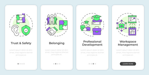 Fototapeta premium Positive work environment onboarding mobile app screen. Walkthrough 4 steps editable graphic instructions with linear concepts. UI, UX, GUI. Montserrat SemiBold, Regular fonts used