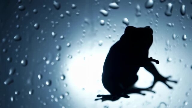 Silhouette of a frog against a rain-covered surface, with numerous water droplets in soft focus