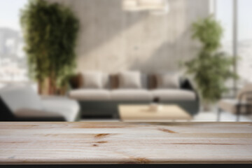 Empty wooden top table with blurred living room interior Background. for product display.