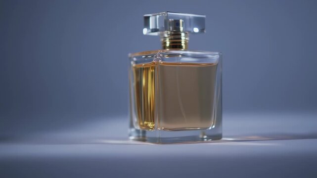 A glamorous, rectangular perfume bottle with a clear, faceted stopper and gold accents, is centered
