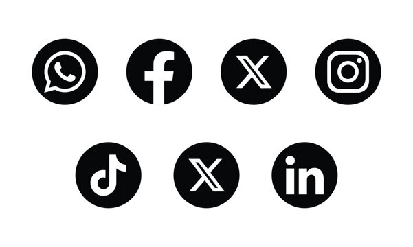 Social media logo icons.  Facebook, Instagram, X , YouTube, LinkedIn, WhatsApp & TikTok . vector circle button set 2026. Social media icon vector logo set. vector illustration eps file. 