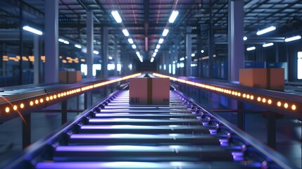 Cardboard box with barcode moving on a futuristic automated conveyor belt system in a modern warehouse at night